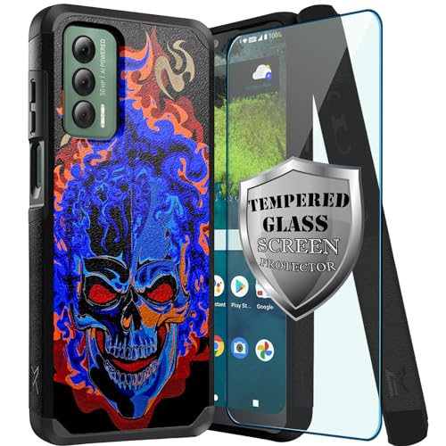 DALUX MetKase Hybrid Slim Phone Case with Screen Protector Compatible with Cricket Outlast 5G / AT&T Jetmore (2023) - Blue Burning Skull