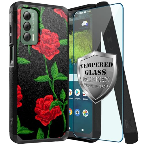 DALUX MetKase Hybrid Slim Phone Case with Screen Protector Compatible with Cricket Outlast 5G / AT&T Jetmore (2023) - Red Roses Flowers
