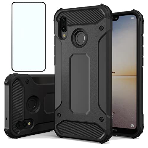 DFTCVBN Phone Case for Huawei P20 Lite/Huawei Nova 3e Case, ANE-LX1 ANE-LX2 Case with HD Screen Protector, Dual Layer Protective Slim Hybrid Cell Phone Cover Shockproof Cases for Huawei p20 lite Black