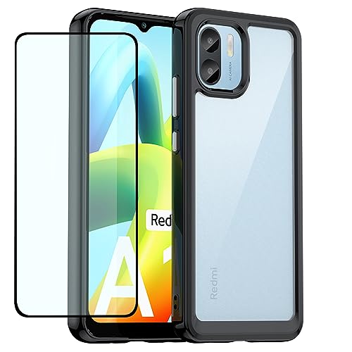 DFTCVBN Phone Case for Redmi A1 Plus Case/Redmi A1+/Redmi A2 Plus/Poco C51/Poco C50 Case with Screen Protector, Soft Bumper with Clear Crystal PC Hard Back Shockproof Cover for Xiaomi Redmi A1+ Black