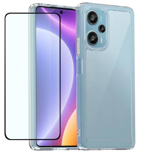 DFTCVBN Phone Case for Xiaomi Poco F5 Case,Redmi Note 12 Turbo Case with HD Screen Protector, Soft Bumper with Clear Crystal PC Hard Back Shockproof Cover Cases for Xiaomi Poco F5 Clear