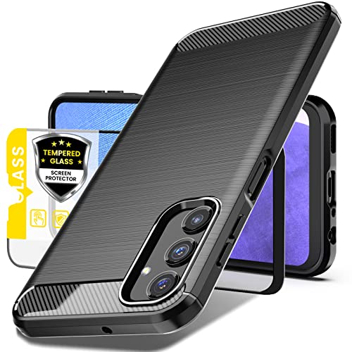 Dretal for Samsung Galaxy A25 5G Case with Tempered Glass Screen Protector, Shock-Absorption Brushed Flexible Soft TPU Carbon Fiber Protective Cover for Samsung A25 5G (Black)