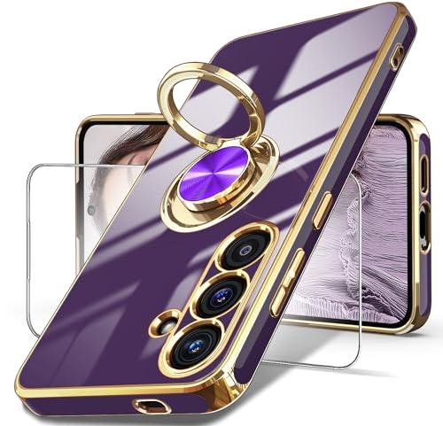 Dretal for Samsung Galaxy S24 Plus 5G Case, Screen Protector, 360° Rotatable Ring Holder Magnetic Kickstand,Plated Gold Edge Slim Soft TPU Protective Phone Case Cover for Galaxy S24+ (Deep Purple)