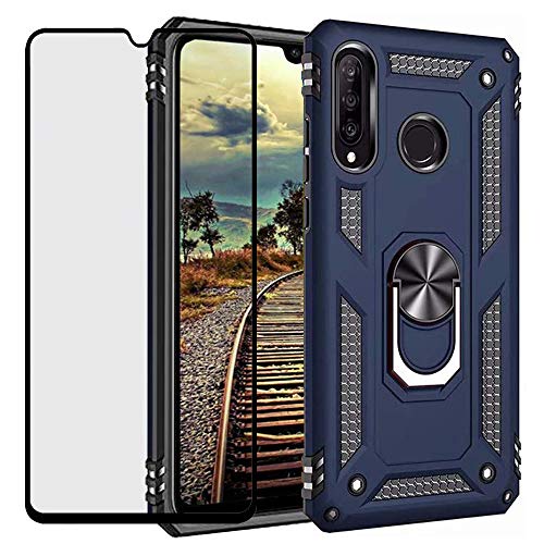 DuoLide for Huawei P30 Lite Case with Tempered Glass Screen Protector,Hybrid Heavy Duty Dual Layer Anti-Scratch Shockproof Defender Kickstand Armor Case Cover, Blue