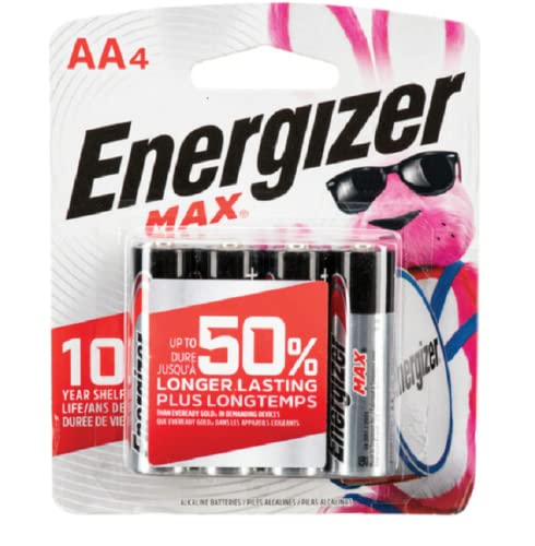 Energizer E91 Regular Alkaline Batteries, 1.5 V, AA, 4/Pack