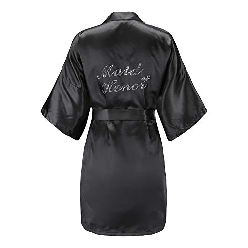 EPLAZA Women's One Size Silver Rhinestones Bride Bridesmaid Short Satin Robes for Wedding Party Getting Ready (Black, Maid of Honor)