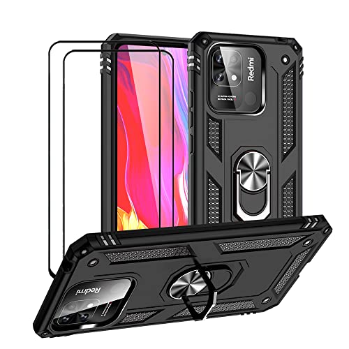 FaDraam for Xiaomi Redmi 10c/Poco C40 Case,Rugged Shockproof Dual Layer Protective Cover[with 360 ° Kickstand] [Magnetic Car Mount] with Two Tempered Glass Screen Protector(Black)