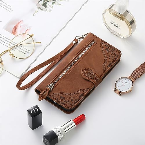 FLOODKING Compatible with Infinix Hot 30i Zip Pouch Magnetic Card Holder with Wrist Strap Wallet Pouch for Infinix Hot 30i Brown