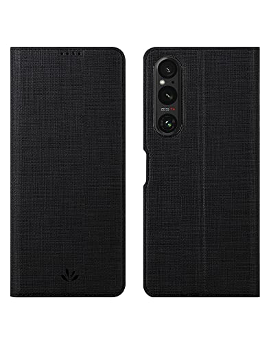 Foluu Case for Sony Xperia 1 V 2023, Premium PU Leather Cover TPU Bumper with Card Holder Kickstand Magnetic Flip Wallet Case for Sony Xperia 1 V 2023 (Black)