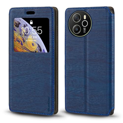 for Blackview Shark 8 Case, Wood Grain Leather Case with Card Holder and Window, Magnetic Flip Cover for Blackview Shark 8 (6.78”) Blue