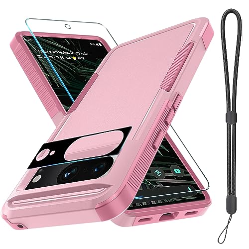 for Google Pixel 8 Case, Full Body Heavy Duty Rugged Shockproof Protective Phone Cover with Wrist Lanyard Strap, Tempered Glass Screen Protector and Camera Lens Cover, Cute Pink
