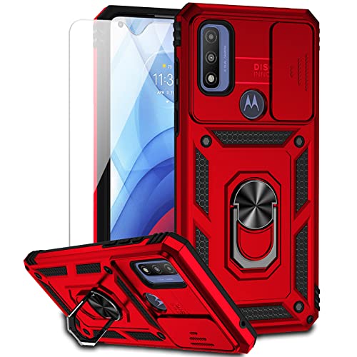 for Motorola Moto G Play 2023 / Moto G Pure/Moto G Power 2022 Case w/Slide Camera Cover HD Screen Protector [Military Grade Drop Tested] Magnetic Ring Holder Kickstand Protective Phone Case, Red