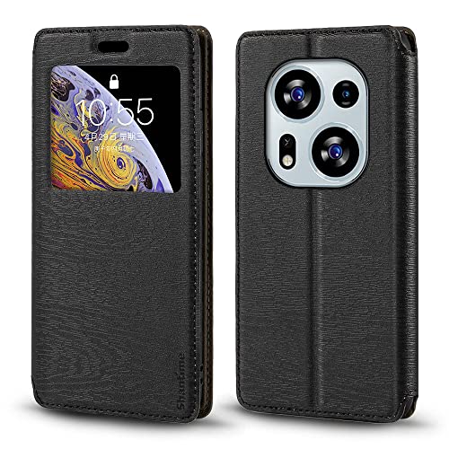 for Tecno Phantom X2 Case, Wood Grain Leather Case with Card Holder and Window, Magnetic Flip Cover for Tecno Phantom X2 Pro (6.8”) Black