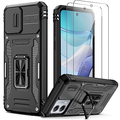 FRLMOOES for Motorola Moto G53 Case with 2 Tempered Glass Screen Protectors,Motorola Moto G53 Kickstand Case with Slide Camera Cover& 360°Magnetic Ring Stand Shockproof Phone Moto G53 Cover Man Black