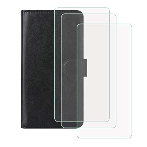 FZZSZS PU Leather Wallet Flip Protective Case for Mobicel IX (6.4") + [3 Pack] Screen Protector Film Tempered Glass, Magnetic Flip Cover with Card Slots and Stand Shell - Black