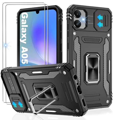 Galaxy A05 Phone Case with Slide Camera Cover and [Screen Protector×2 Pack], Shockproof for Samsung A05 Case with 360°Magnetic Ring Holder Kickstand,Case for Samsung Galaxy A05 Black