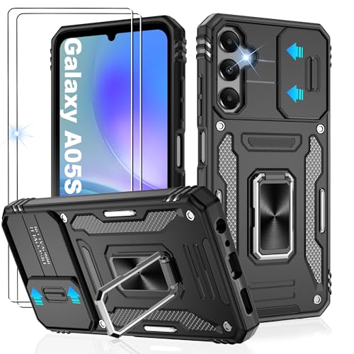 Galaxy A05s 4G Phone Case with Slide Camera Cover and Screen Protector×[2 Pack], Shockproof for Samsung A05s 4G Case with 360°Magnetic Ring Holder Kickstand,Case for Samsung Galaxy A05s 4G Black