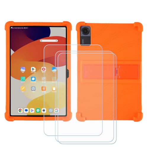 Generic TPU Cover for Lenovo Xiaoxin Pad 2024 + 3 HD Tempered Glass, Silicone Shell Bumper Protective Back Case - 9 Hardness Anti-Scratch Screen Protector (11,0") - Orange