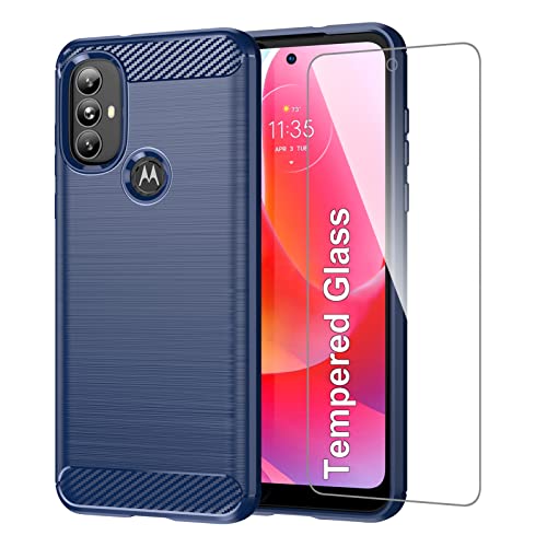 GSDCB Case for Motorola Moto G Power 2022 Case with Tempered Glass Screen Protector, Carbon Fiber Brushed Texture Soft Flexible TPU Slim Fit Shockproof Phone Cover for Women Men (Navy Blue)
