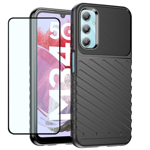GTBDEKI Phone Case for Galaxy A24 4G/Samsung A25 5G/Galaxy M34 5G SM-A245F Case with Screen Protector, Carbon Fiber Shockproof Flexible Rubber Silicone TPU Back Cover for Samsung Galaxy A24 4G Black