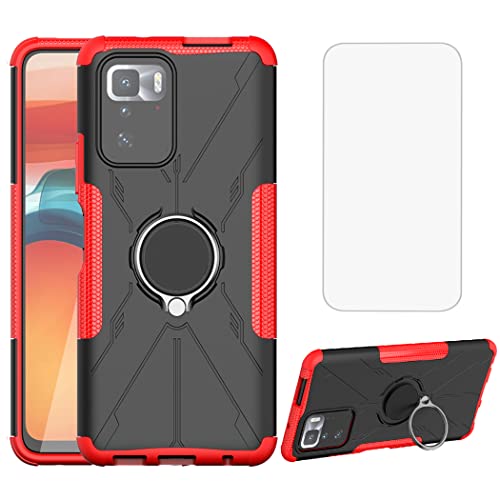 Gufuwo Phone Case for Poco X3 GT/Redmi Note 10 Pro 5G 21061110AG Case with Tempered Glass Screen Protector, Metal Ring Holder Kickstand Stand Protection Cover for Xiaomi Redmi Note 10 Pro 5G (red)