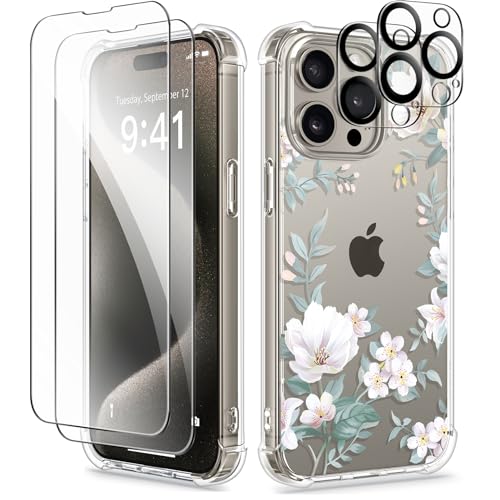 GVIEWIN for iPhone 15 Pro Max Case Floral,with 2X Screen Protector & 2X Camera Lens Protector, Hard PC + TPU Bumper Shockproof Protective Clear Flower Women Phone Cover 6.7"(Magnolia/White)