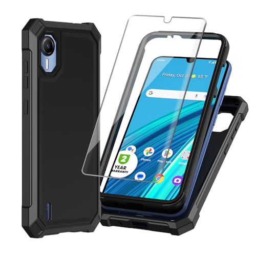 HAIJ for Cricket Debut S2 case, with Tempered Glass Screen Protector 360 Full-Body Soft TPU Bumper Shockproof Silicone Protective Phone Cover Case for Cricket Debut S2 / At&t Calypso 4 (Black)