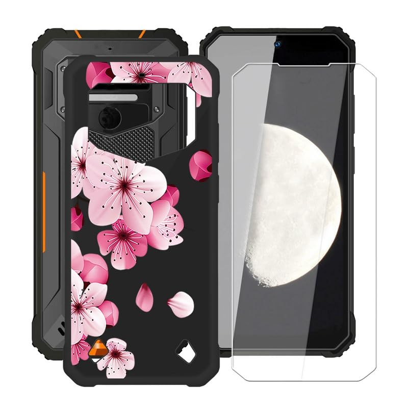 HGJTFANY Phone Case for Oukitel WP23 Pro (6.52") with [1X Tempered Glass Screen Protector], [Ultra Thin] [Shockproof] Black Soft Silicone Bumper Cover for Oukitel WP23 Pro - Peach Blossom