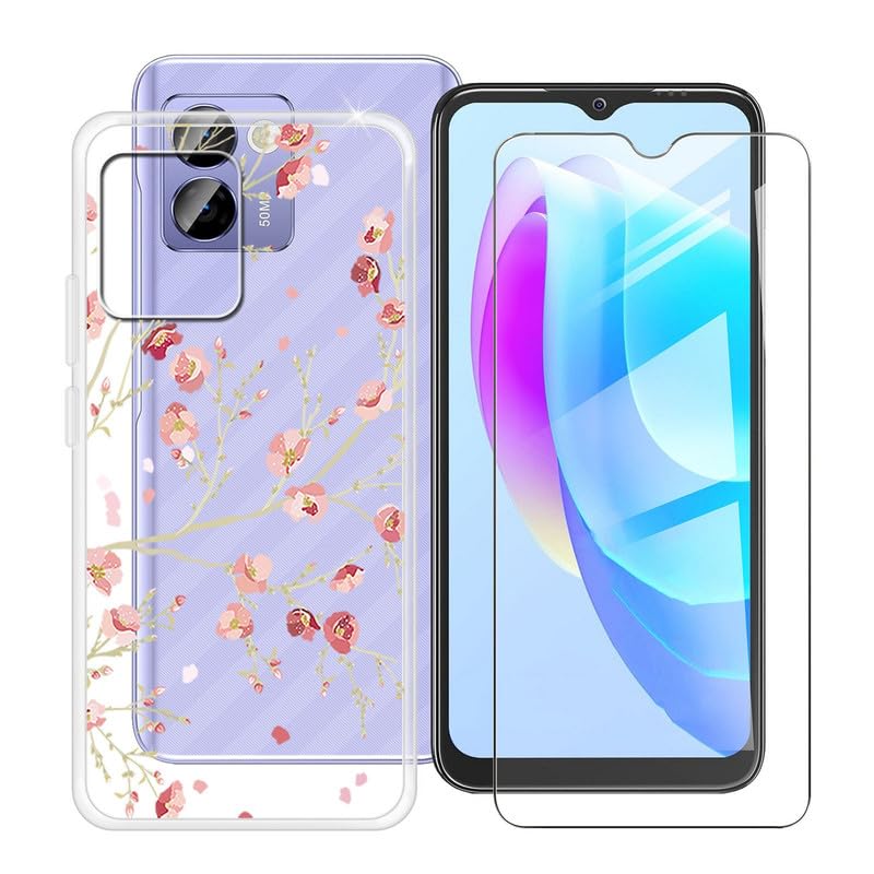 HGJTFANY Phone Case + Screen Protector for Doogee N50 Pro (6.52"), Ultra Thin Shockproof Soft Silicone Clear Cover for Doogee N50 Pro Case with Tempered Glass - Camellia