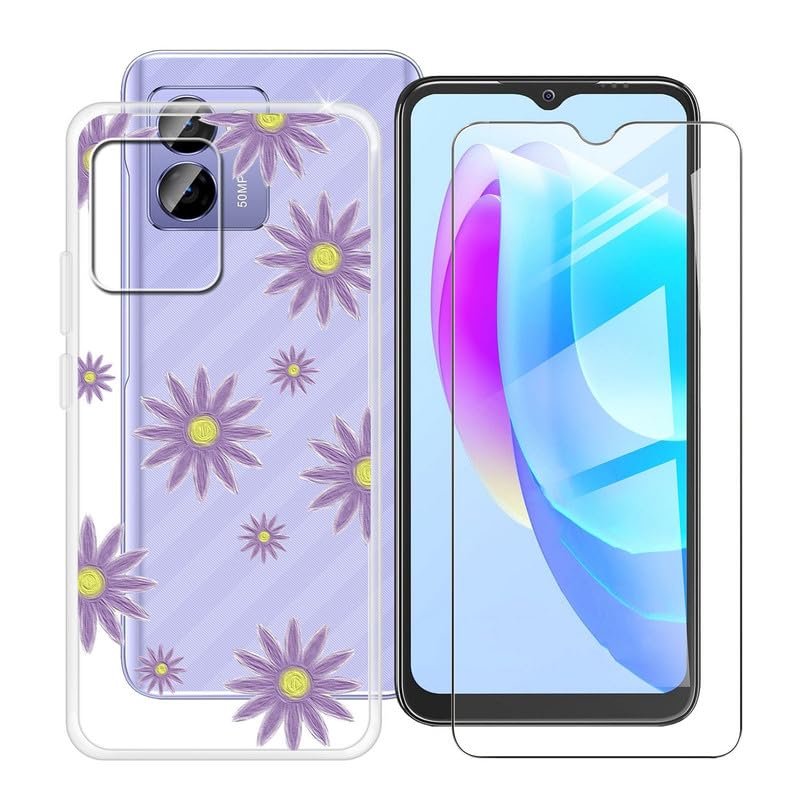 HGJTFANY Phone Case + Screen Protector for Doogee N50 Pro (6.52"), Ultra Thin Shockproof Soft Silicone Clear Cover for Doogee N50 Pro Case with Tempered Glass - Purple Flower