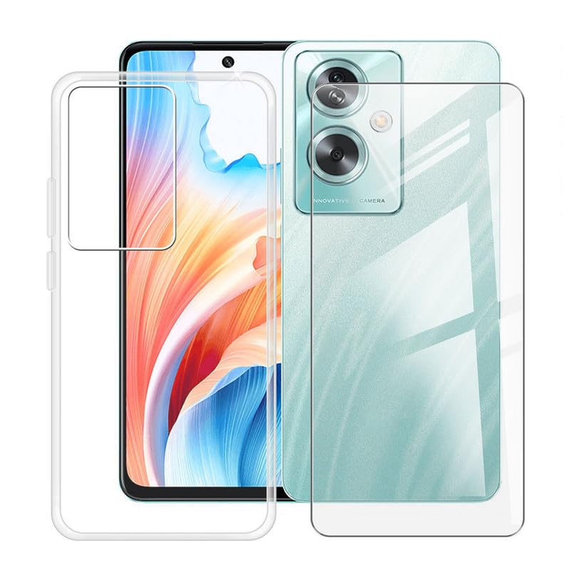 HGJTFANY Phone Case + Screen Protector for Oppo A79 5G (6.72"), Ultra Thin Shockproof Soft Silicone Clear Cover for Oppo A79 5G Case with Tempered Glass - Transparent