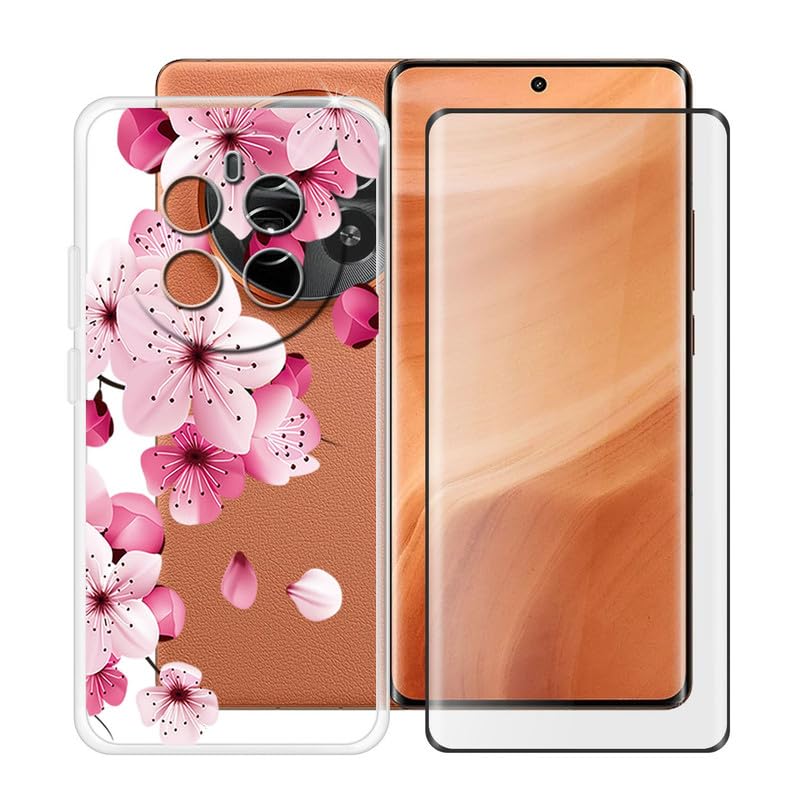 HGJTFANY Phone Case + Screen Protector for Realme GT5 Pro (6.78"), Ultra Thin Shockproof Soft Silicone Clear Cover for Realme GT5 Pro Case with Tempered Glass - Peach Blossom