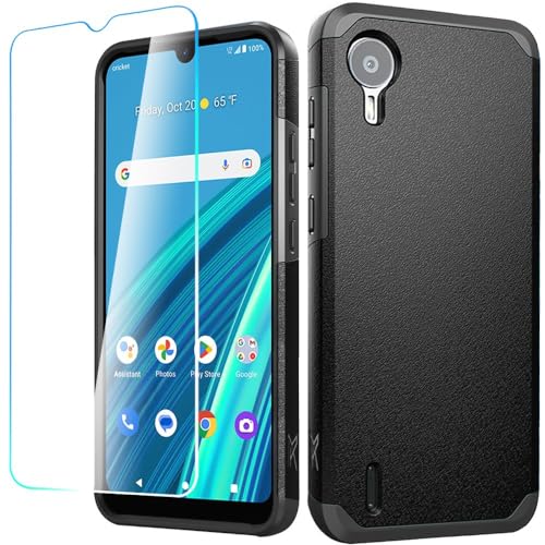 HRWireless Compatible for Cricket Debut S2, At&t Calypso 4 Case Cover with HD [Tempered Glass] Tough Strong [Shockproof] Dual-Layer Minimalistic Oringial Design Hybrid for Ultimate Protection
