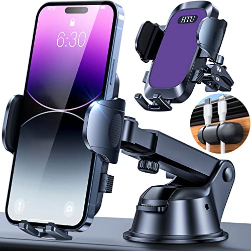 HTU 4-In-1 Universal Car Cell Phone Holder, Purple, Compatible with iPhone, Samsung, Google, LG, 99% Phone Cases, Adjustable Foot, One-Button Release, 360-Degree Ball Joint