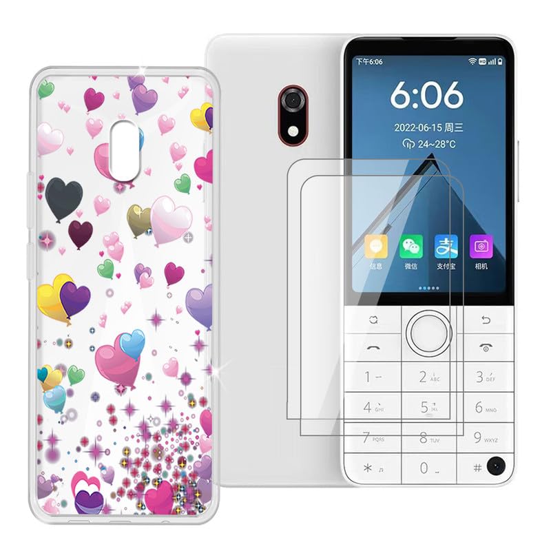 Ikiiqii Cover for Duoqin F22 Pro (3.54") + Screen Protector(2 Pack), Shockproof Cover Bumper Shell Flexible Rubber Anti-Scratch Clear Case + Tempered Glass - Balloons with Love