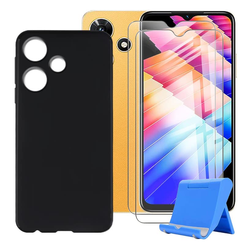 Ikiiqii Cover for Infinix Hot 30i (6.56") Phone Case + (2 Pack) Screen Protector, Black Silicone Case, Shockproof Protective Case with Phone Holder-Black