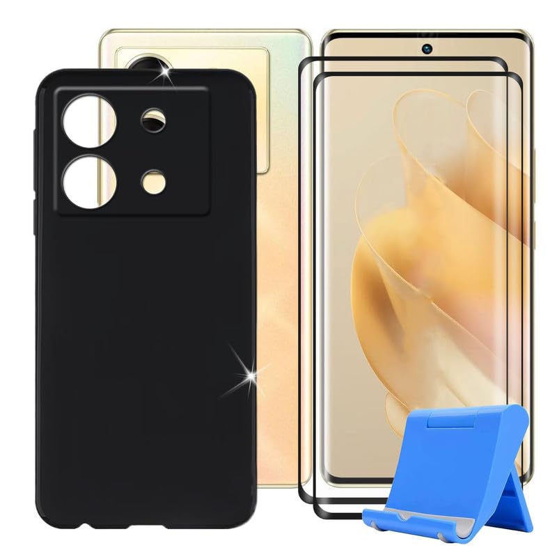 Ikiiqii Cover for Infinix Zero 30 5G (6.78") + Screen Protector(2 Pack), Ultra Thin Silicone Shockproof Bumper Anti-Scratch Protective Case + Tempered Glass with Phone Holder - Black