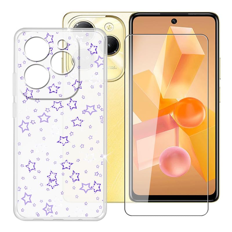 Ikiiqii for Infinix Hot 40 (6.78") Phone Case + Screen Protector, Shockproof Cover Bumper Shell Soft Silicone TPU Anti-Scratch White Case + Tempered Glass - Full of Stars