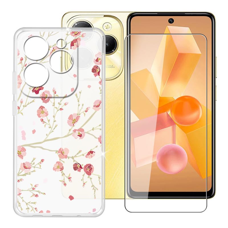 Ikiiqii for Infinix Hot 40 (6.78") Phone Case + Tempered Glass, Shockproof Cover Bumper Shell Soft Silicone Anti-Scratch White Case + 9H Hardness Screen Protector - Little Flowers