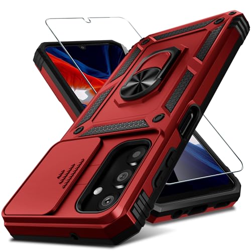 Janmitta for Samsung Galaxy A25 5G Case Built in Slide Camera Lens Cover+Screen Protector+Finger Ring Holder Kickstand,Heavy Duty Shockproof Full Body Protective Phone Cover,2023 Red