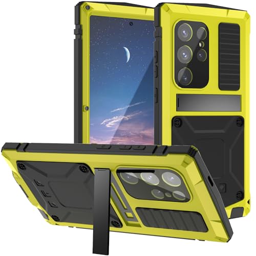 JINGANGYU Samsung Galaxy S24 Plus Metal Case with Kickstand Screen Protector Camera Cover S24 Plus Sturdy Military Armor Durable Full Body Heavy Duty Shockproof Drop Tested Outdoor case (Yellow)