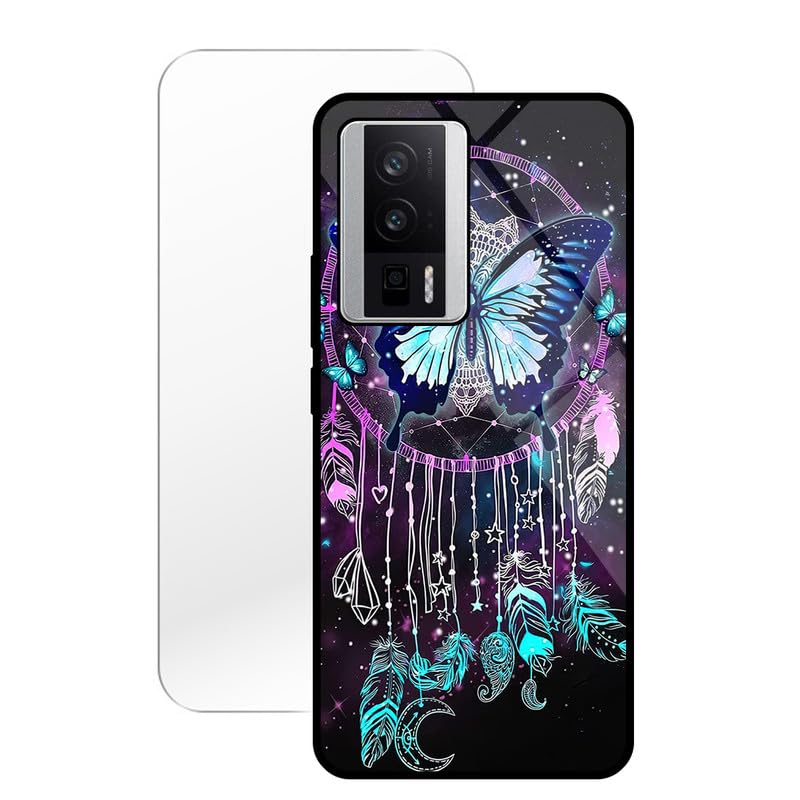 KARTXITAI Case Compatible with Xiaomi Poco F6 PRO,Anti-Scratch Tempered Glass Hard Back & Soft TPU Bumper with Pretty Pattern-Butterfly Dreamcatcher Protective Phone Cover+Screen Protector