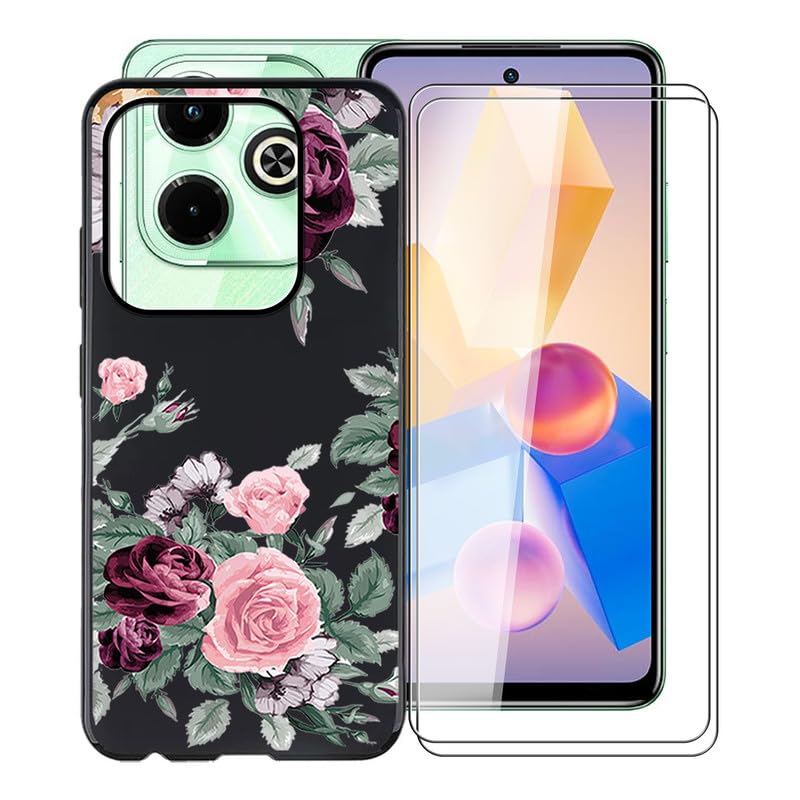 KJYFOANI for Infinix Hot 40i Case, with [ 2 x Screen Protector Tempered Glass Film], Black Soft Silicone Cover Shockproof Bumper Protection Case for Infinix Hot 40i (6.56") - Rose Flower