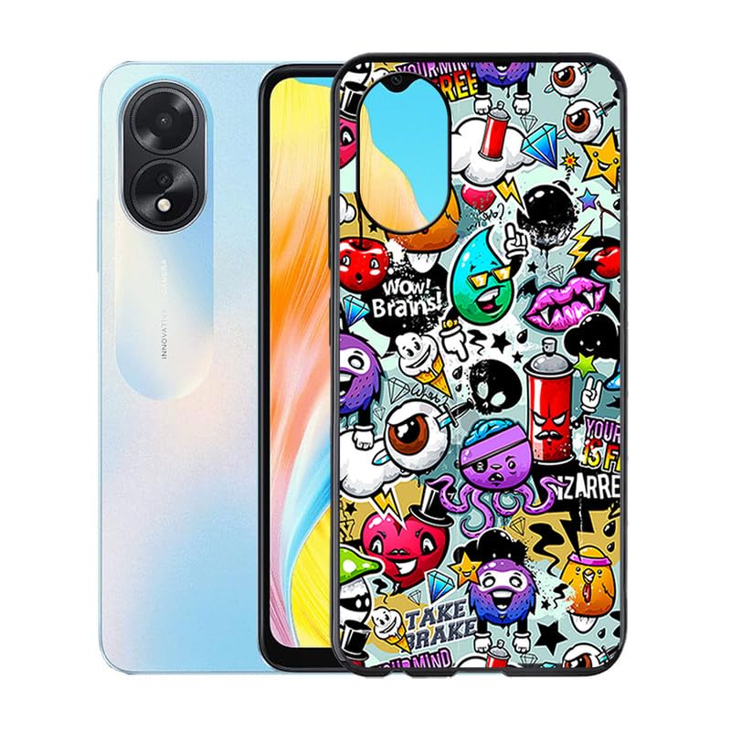 KJYFOANI for Oppo A18 Case, Black Shockproof Bumper Sleeves, 360° Drop Protection Shell Full Body Ultra-Thin Soft Silicone Cover for Oppo A18 (6.56") - Graffiti
