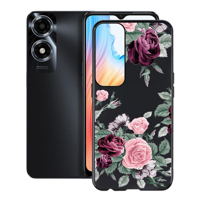 KJYFOANI for Oppo A2x Case, Black Shockproof Bumper Sleeves, 360° Drop Protection Shell Full Body Ultra-Thin Soft Silicone Cover for Oppo A2x (6.56") - Rose Flower