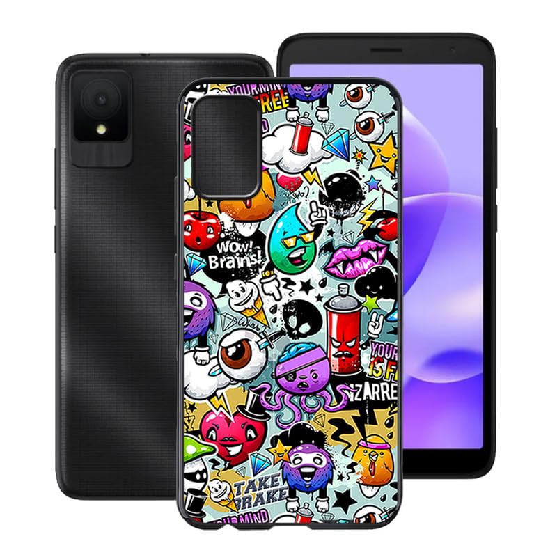 KJYFOANI for TCL 502 Case, Black Shockproof Bumper Sleeves, 360° Drop Antiscratch Protection Cover Slim Fit Ultra-Thin Soft Silicone Phone Case for TCL 502 (6.00") - Graffiti