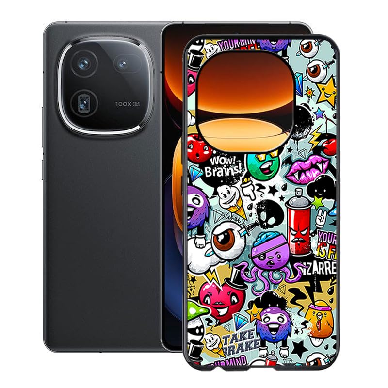 KJYFOANI for Vivo iQOO 12 Case, Black Shockproof Bumper Sleeves, 360° Drop Antiscratch Protection Cover Slim Fit Ultra-Thin Soft Silicone Phone Case for Vivo iQOO 12 (6.78") - Graffiti