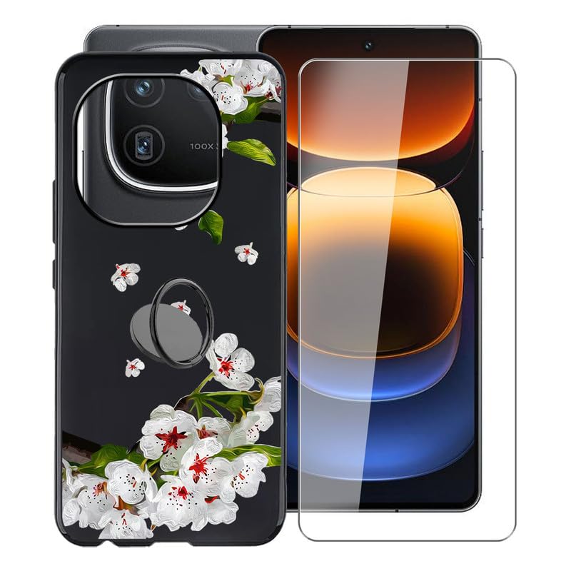 KJYFOANI for Vivo iQOO 12 Pro Case, [ 1 x Tempered Glass Protective Film], Shockproof Soft TPU Bumper Cover, with [360° Rotation Ring Kickstand] Phone Case for Vivo iQOO 12 Pro (6.78") - Pear Blossom