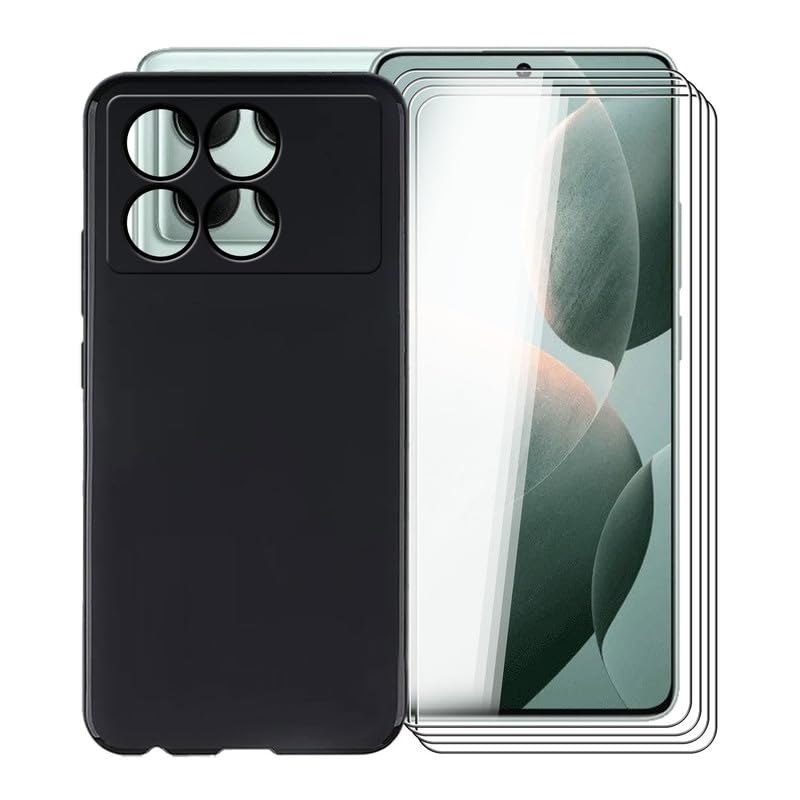 KJYFOANI for Xiaomi Redmi K70E Case, with [ 4 x Screen Protector Tempered Glass Film], Black Soft Silicone Cover Shockproof Bumper Protection Case for Xiaomi Redmi K70E (6.67") - Black