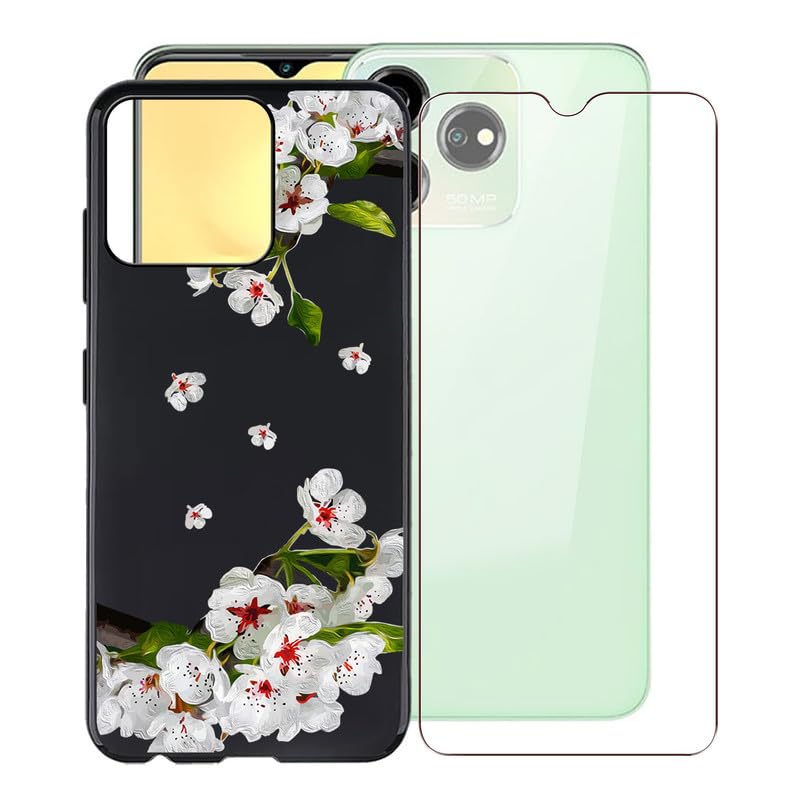 KJYFOANI for ZTE Blade V50 Design 4G Case, with [ 1 x Screen Protector Tempered Glass Film], Black Soft Silicone Cover Shockproof Protection Case for ZTE Blade V50 Design 4G (6.6") - Pear Blossom
